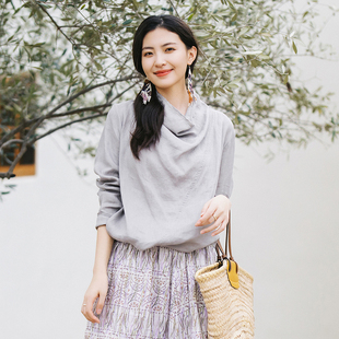 梭家｜夏日书｜设计感不规则玛瑙灰百搭长袖春夏女亚麻衬衫上衣