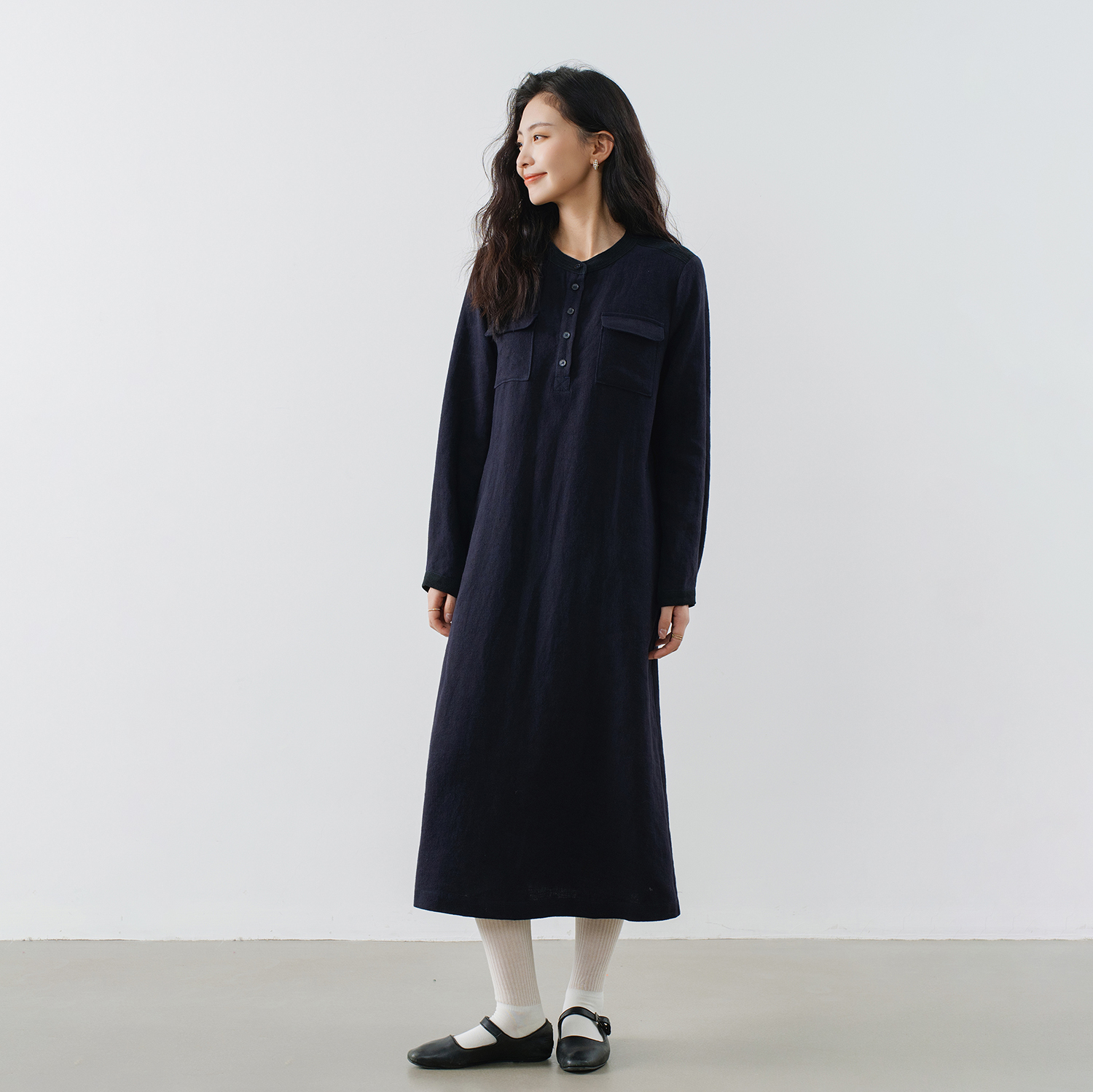 全亚麻磨毛藏青色连衣裙