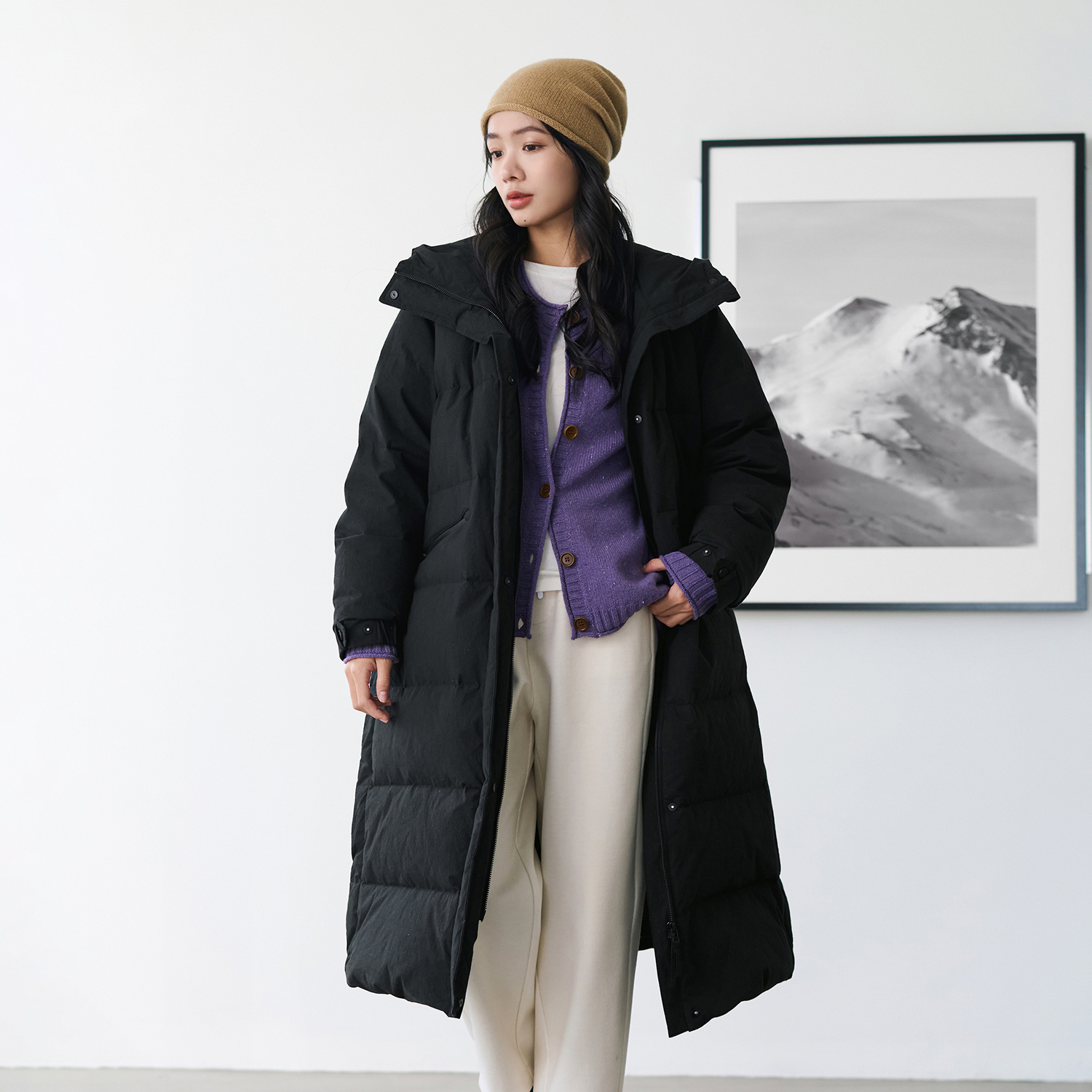 梭家文艺棉氨纶长款连帽鹅绒