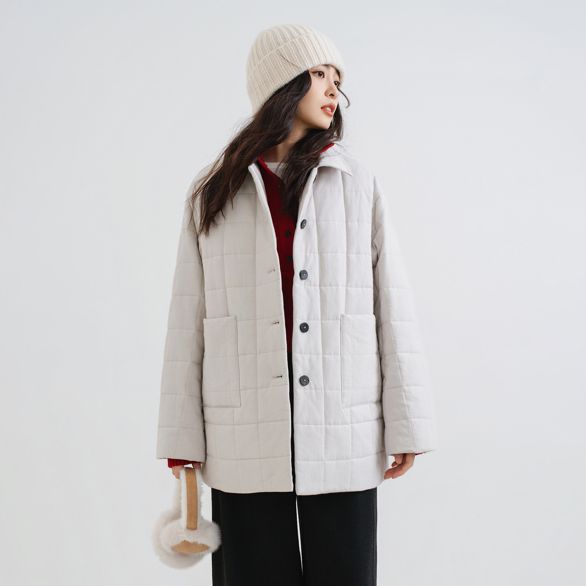 梭家｜描述记忆｜新雪丽棉服高效保暖 白色羊毛棉绗缝文艺感外套