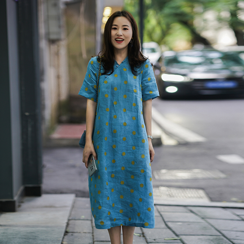 唯美浪漫A字裙亚麻海蓝色口袋v领