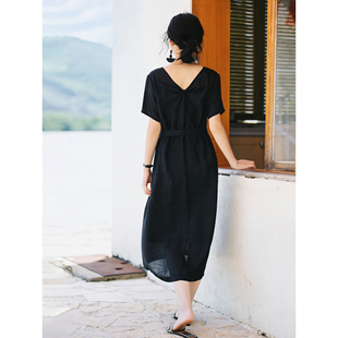 梭家｜漫长故事｜设计感轻薄黑色苎麻连衣裙夏季女宽松短袖文艺裙