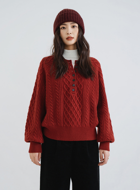 梭家｜怦然欢喜｜布朗红羊毛针织套头衫秋冬女复古文艺毛衣打底衫