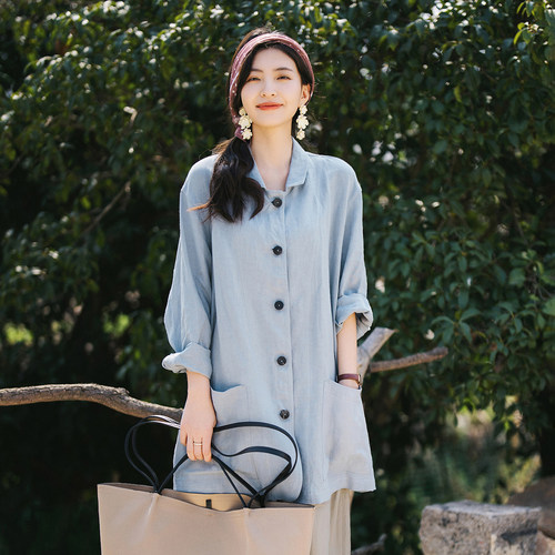 晴山蓝中长款亚麻外套