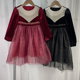 朋 品牌折扣童装中大童女童钉珠连衣裙儿童春秋丝绒网纱裙礼服裙