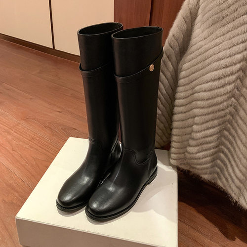 牛皮韩系小金扣显瘦高筒骑士靴