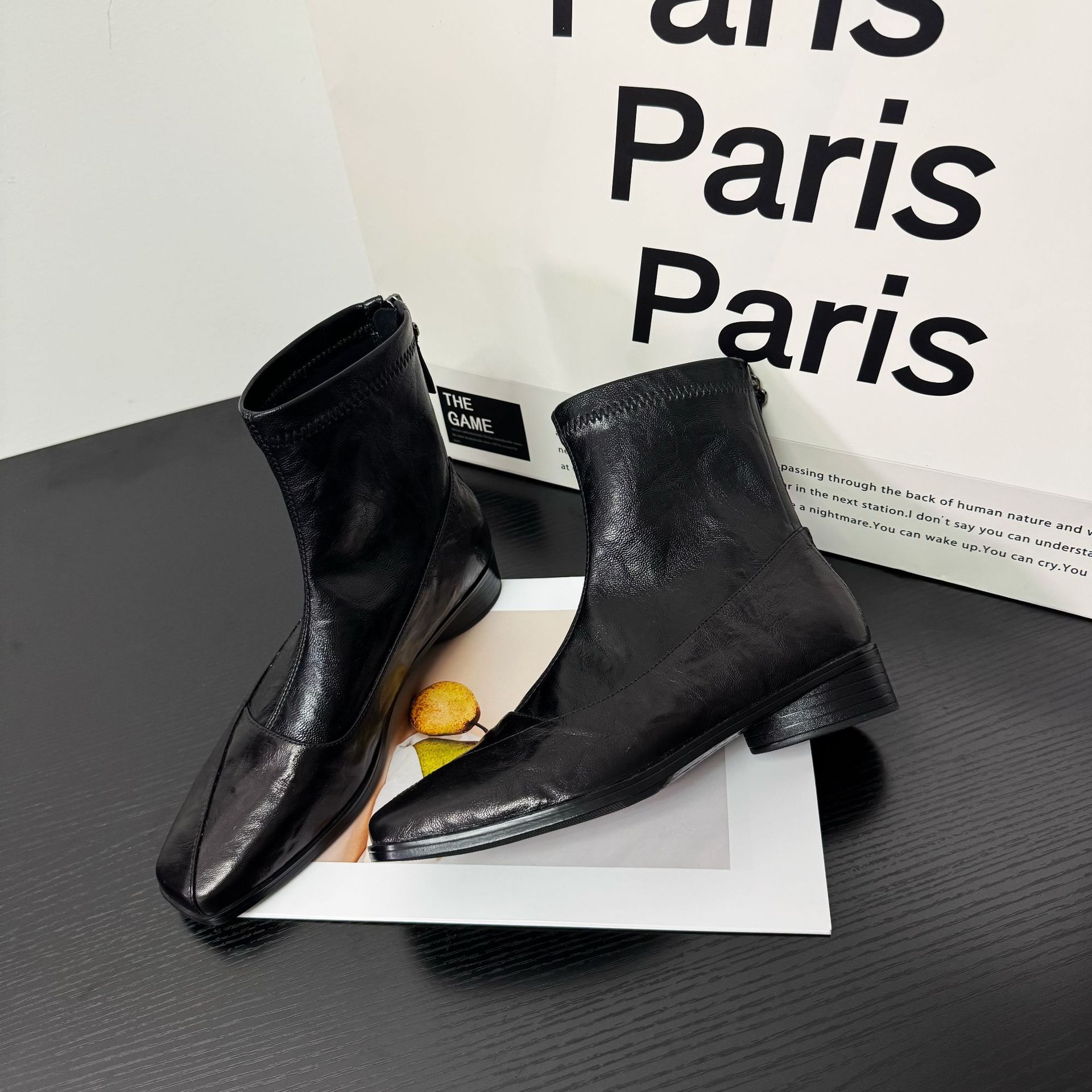 牛皮~简约方头短靴女2025秋冬