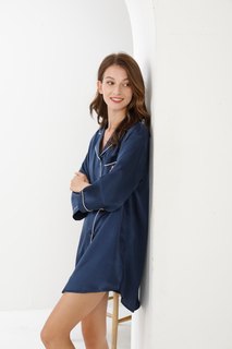 性感真丝睡衣女宽松中长款衬衫裙七分袖大码蚕丝睡裙家居服纯色