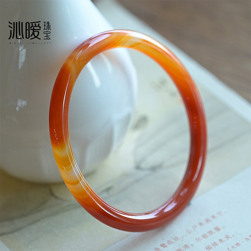 红玛瑙手镯美人条细款圆条天然玉髓叮当镯小巧浅红色水晶镯饰品女