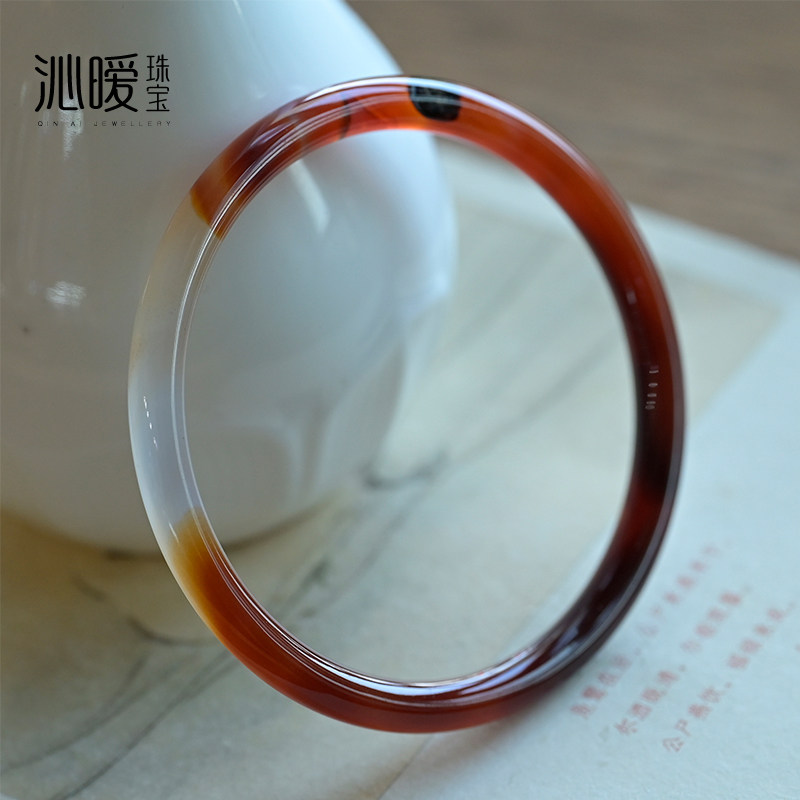 天然红玛瑙手镯细条橘色飘花玉髓叮当镯复古圆条镯子水晶饰品女款