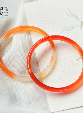 天然红玛瑙手镯窄款冰种玉髓叮当镯简约橙色细镯子水晶女孩子礼物