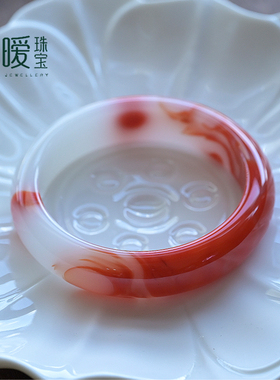 半山水锦鲤手镯红色渐变白玉镯复古风汉服配饰镯琉璃镯酷似鸡血石