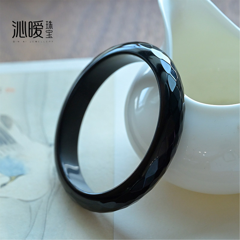 天然黑曜石手镯刻面黑曜岩镯子纯黑色玉镯水晶手镯饰品女生日礼物