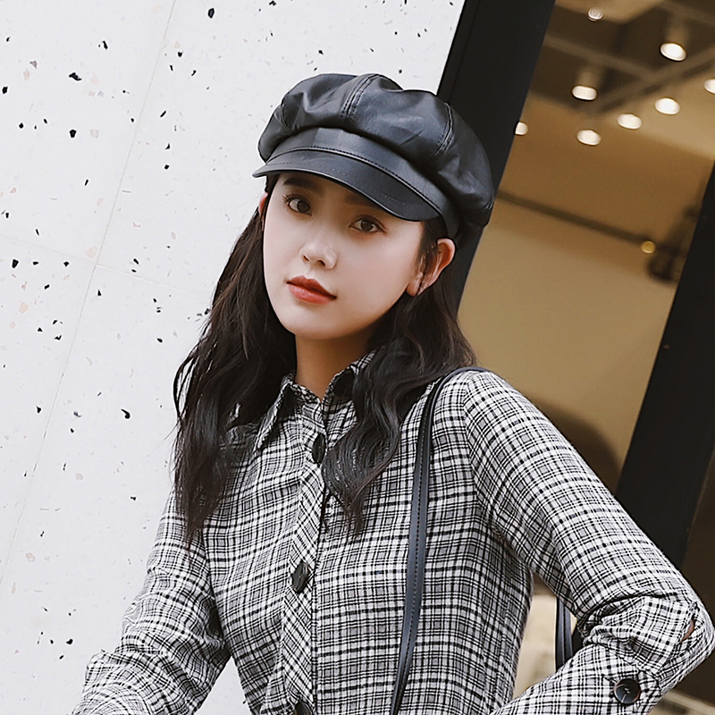 PU皮韩版黑色八角帽女潮秋冬英伦复古报童帽百搭画家帽鸭舌贝雷帽