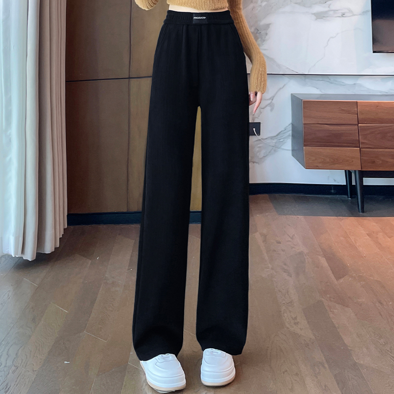 雪尼尔窄版阔腿裤女秋冬季加绒加厚条纹大码胖mm显瘦松紧腰直筒裤