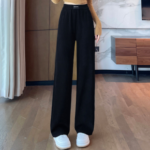雪尼尔窄版阔腿裤女秋冬季加绒加厚条纹大码胖mm显瘦松紧腰直筒裤