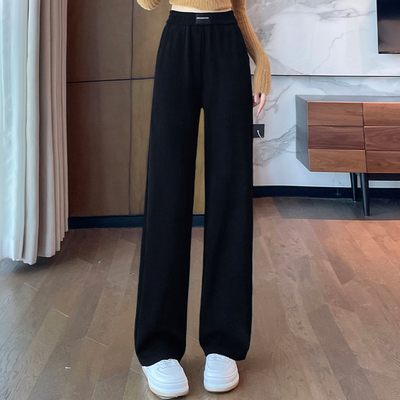 雪尼尔窄版阔腿裤女春秋季高腰条纹大码裤子胖mm显瘦松紧腰直筒裤