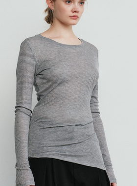 Aevum Form 2025秋季新款细条纹圆领薄款天丝羊毛打底衫长袖T恤