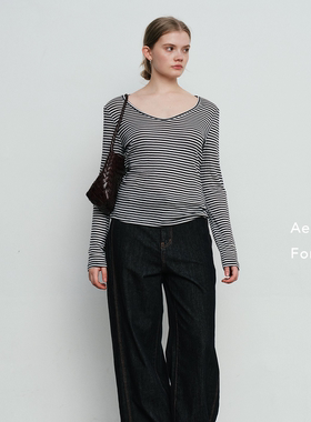 Aevum Form 2025秋季新款美利奴羊毛条纹天丝T恤打底衫