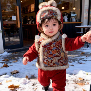 小宝宝拜年服周岁礼服婴幼儿龙图马甲三件套冬装加厚套装（带帽）