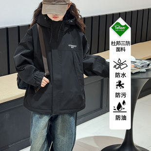 新款女童冲锋衣保暖秋冬款中大童秋冬季女孩加绒黑色加厚时髦外套