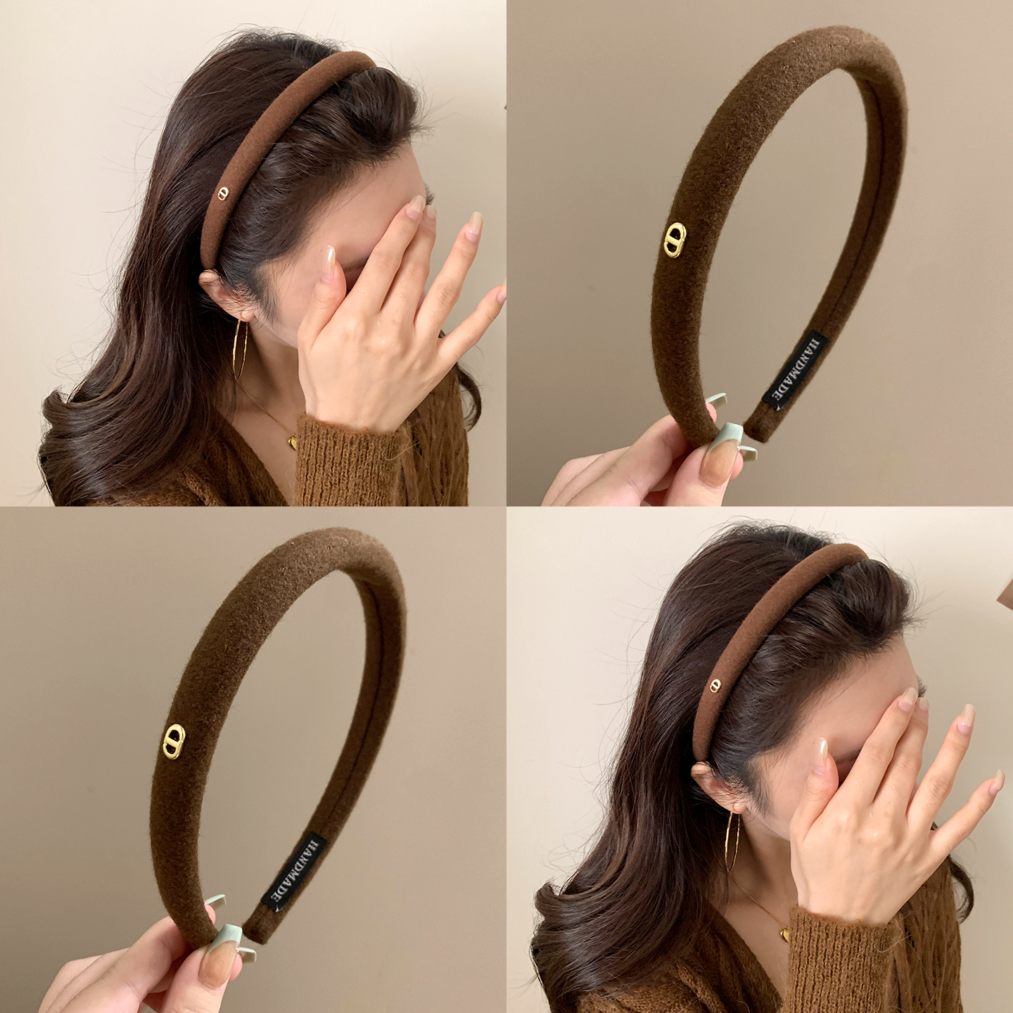 栗棕色猪鼻子毛呢发箍女款秋冬2025年新款高颅顶洗脸压发发卡头箍