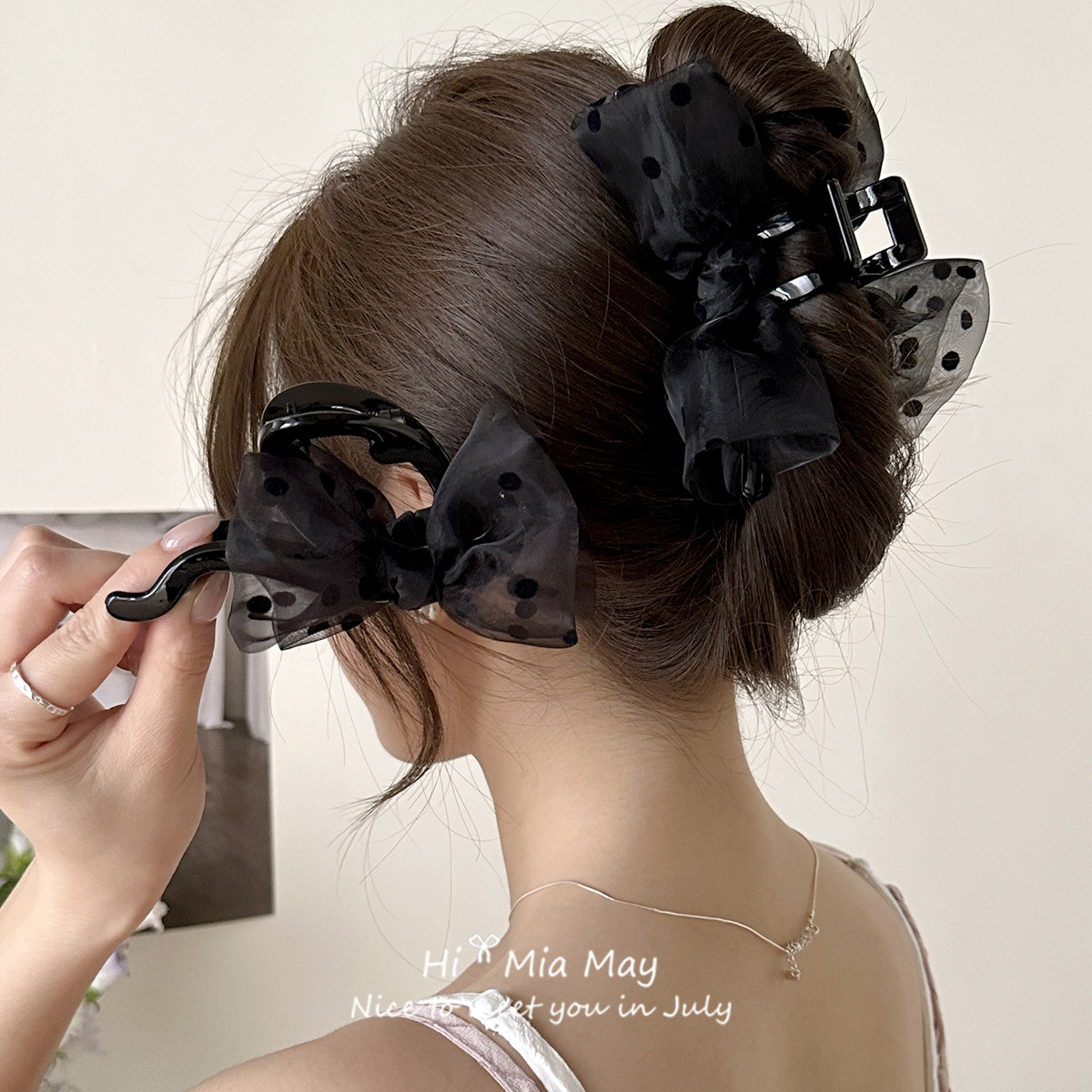 新款韩国复古波点欧根纱蝴蝶结抓