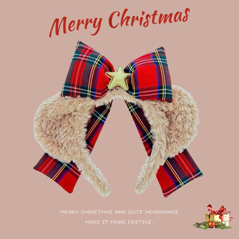 迪士尼圣诞节雪莉玫红色格子蝴蝶结发箍女秋冬头箍头饰2025年新款