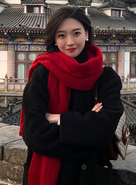 红色围巾女款2025新款冬季韩系氛围感过年新年礼物保暖围脖披肩