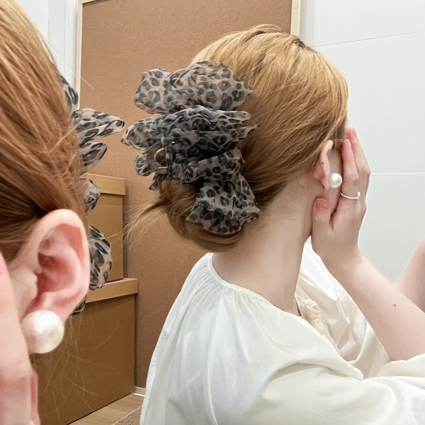 显发量饱满泡泡纱豹纹抓夹大号鲨鱼夹网纱云朵褶皱盘发发抓发夹