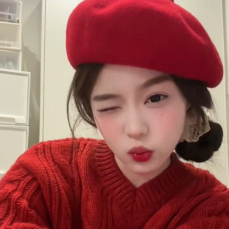 好显白安可拉红色贝雷帽子