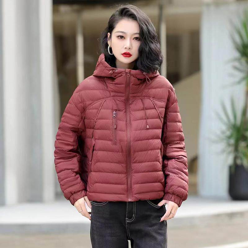 韩系轻薄款连帽面包服女2024冬季新款百搭保暖宽松90白鸭绒外套潮