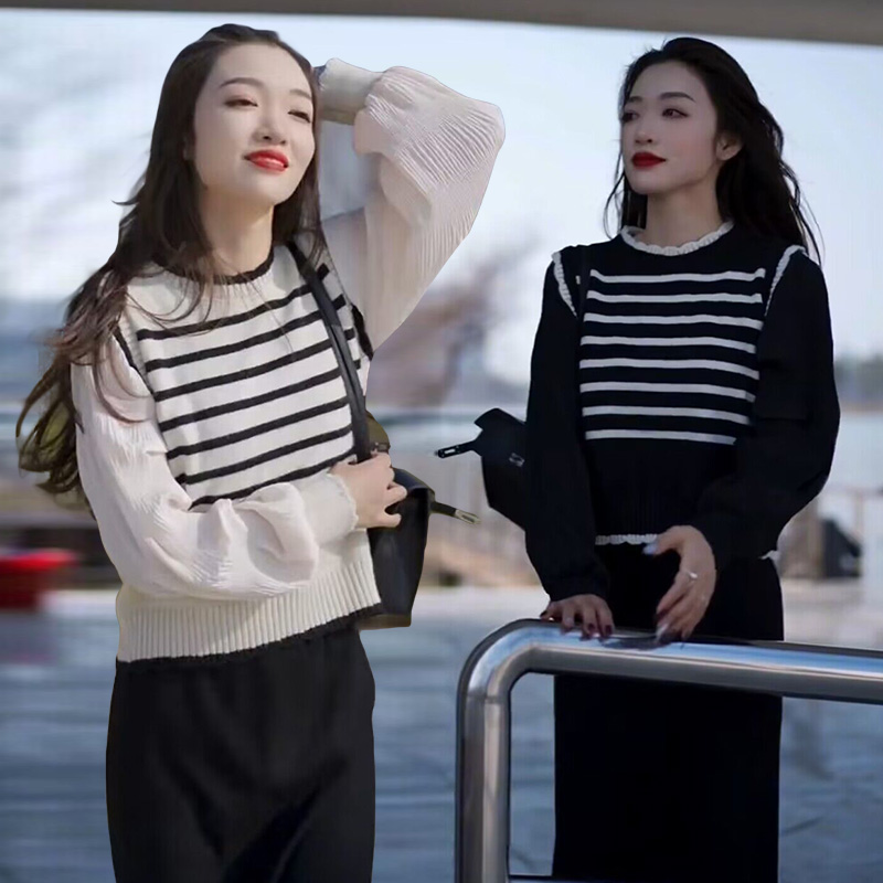黑白条纹假两件针织上衣女2024春秋新款韩版内搭软糯短款拼接毛衣