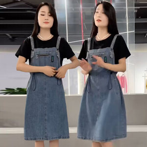 短袖时尚洋气韩版假两件背带裙子