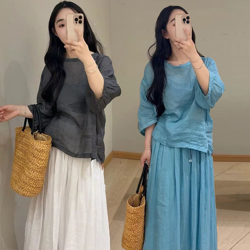 夏季新款慵懒风亚麻衬衫半裙套装