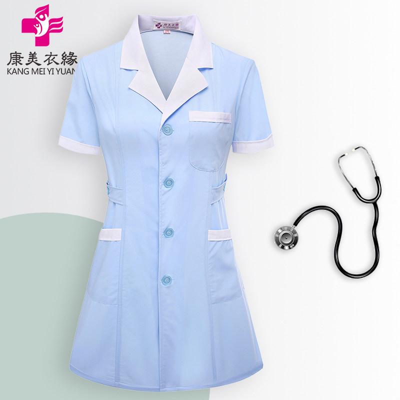 美容院夏装美容师工作服韩式纹绣药店服装韩版蓝色药店服护士服薄