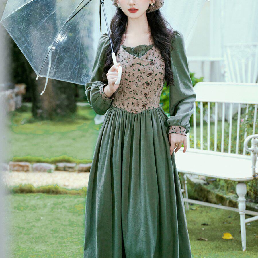 法式假两件复古油画文艺森女系碎花田园风洛丽塔轻luolita连衣裙
