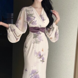 画夫人原创自制氛围感神明少女碎花连衣裙显瘦 墨染紫梦