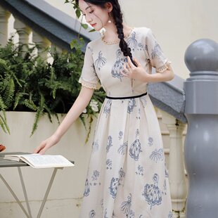 芭蕾舞演员 独立日2026年夏季 清新甜美法式印花蝴蝶短袖连衣裙