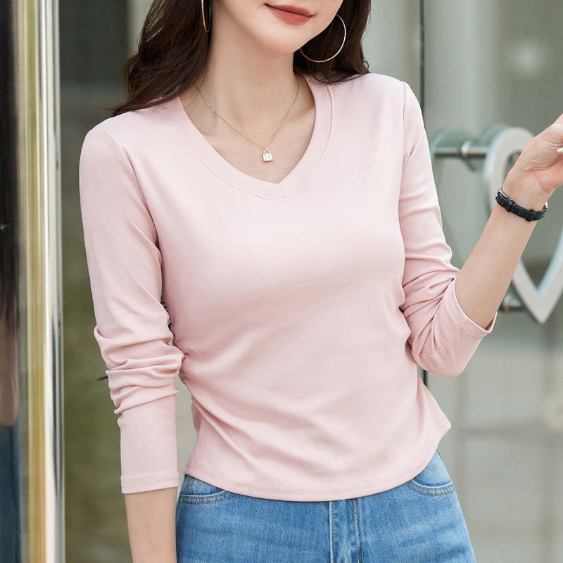 纯棉长袖t恤女秋装新款韩版紧身显瘦薄款V领打底衫百搭ins上衣潮