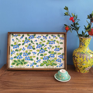 白地花卉大号托盘高两河手绘陶瓷茶盘田园榆木框水杯中式桌面收纳