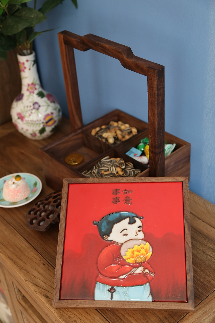 提篮高两河手绘浮雕瓷板画盒实木带盖干果盒零食糖果瓜子糕点心盒
