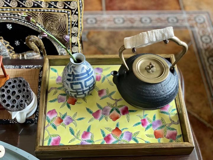 黄地中号托盘高两河手绘瓷器茶盘钥匙收纳新中式美式欧式田园功夫