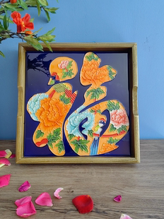 浮雕双面大正方高两河瓷板画榆木托盘茶盘摆件果盘桌面收纳装饰画