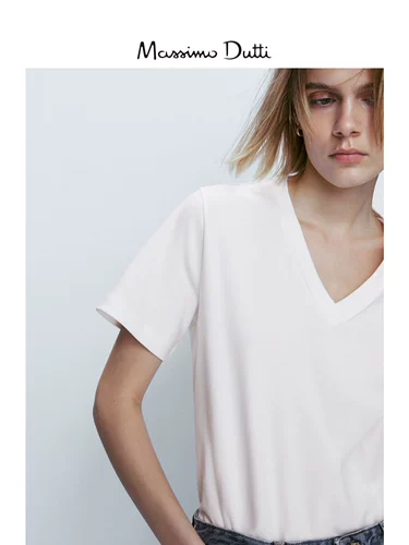 Massimo Dutti Весенняя комфортная хлопковая футболка, V-образный вырез, короткий рукав
