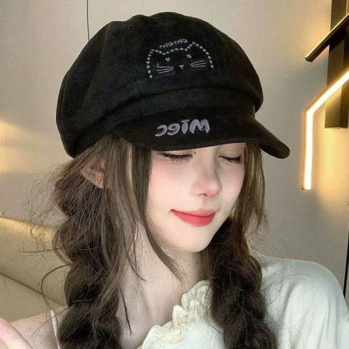 复古小猫刺绣显脸小报童帽