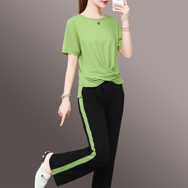 阔腿裤运动套装女夏装2021新款时尚韩版显瘦薄款棉麻休闲两件套潮