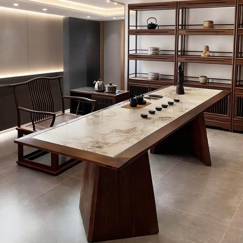 新中式岩板茶桌椅组合一体