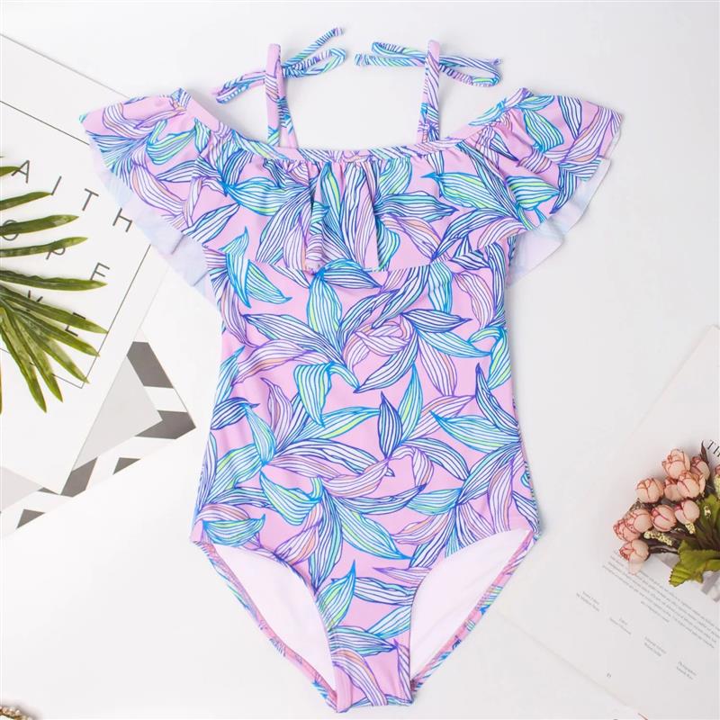 Purple Leaf Print Girls Teens One Piece Swimsuit Sumr Bab1