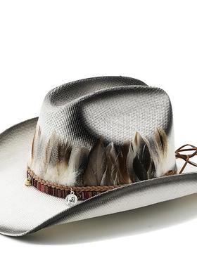 Pheasant Feather Western Cowboy Hat 男女硬挺大檐防晒牧马帽